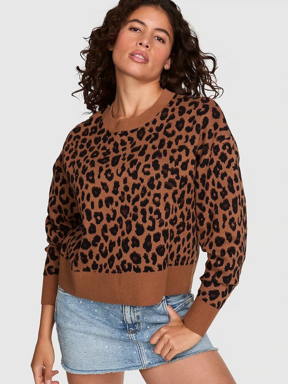 PINK Not Your Boyfriend's Boxy Sweater Leopard Women's XL 100% Cotton NWT